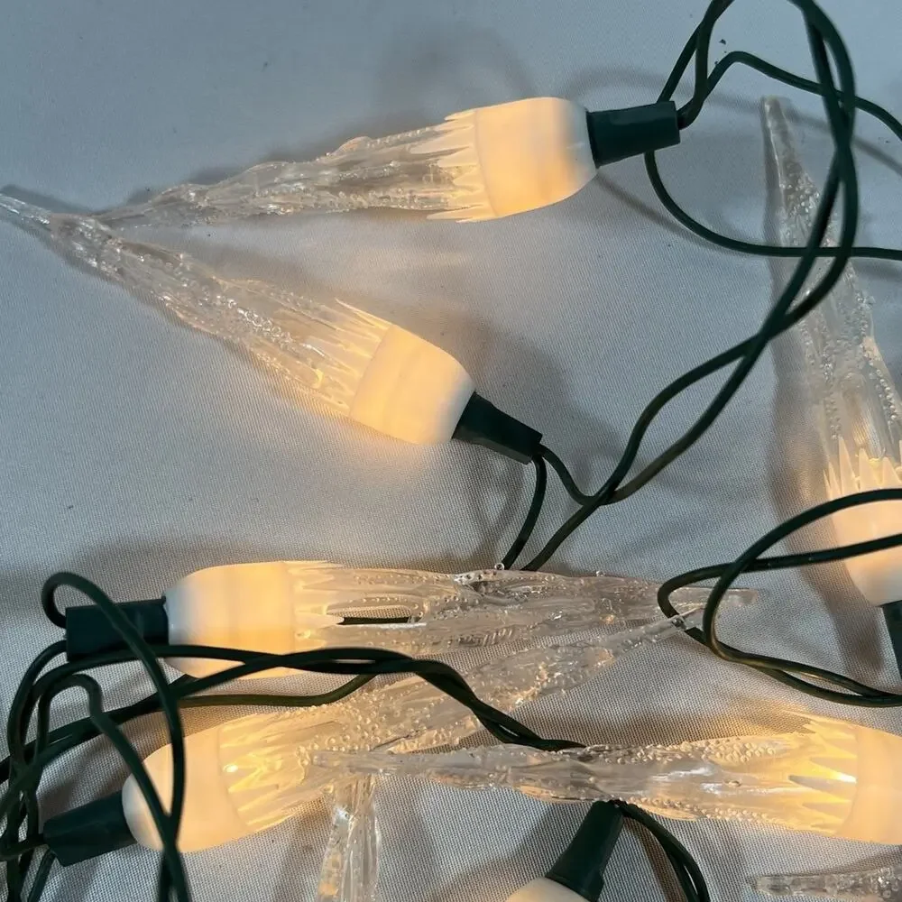 Vintage White Clear Icicle Christmas String Lights Set of 20 Green Wire Cord